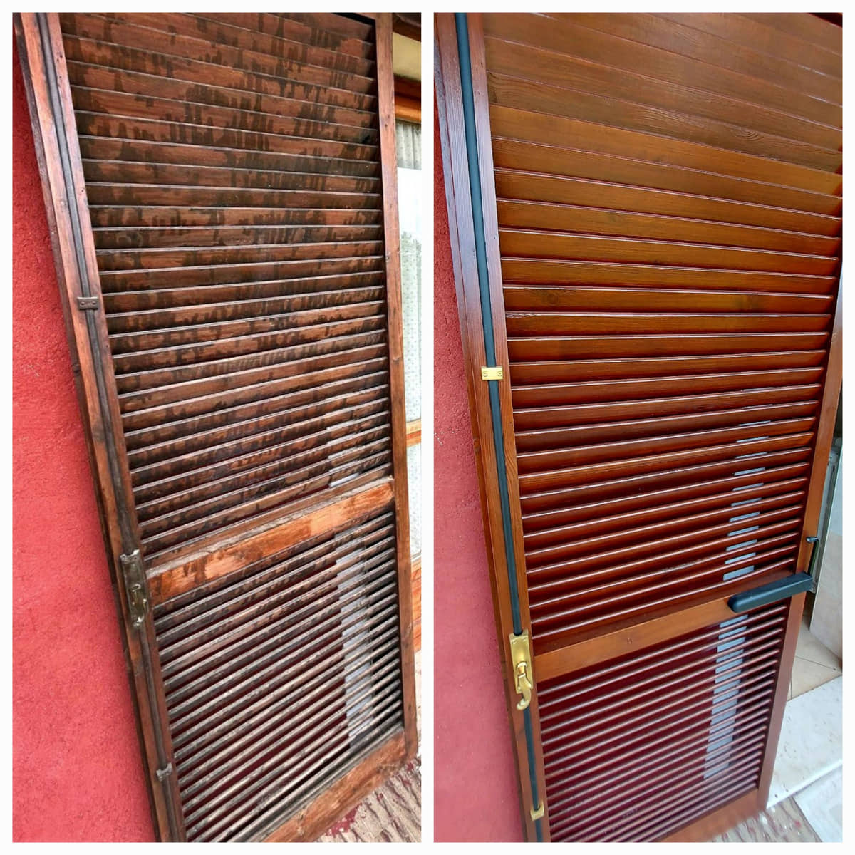 Restauro persiana marrone su parete rossa – prima e dopo – v2